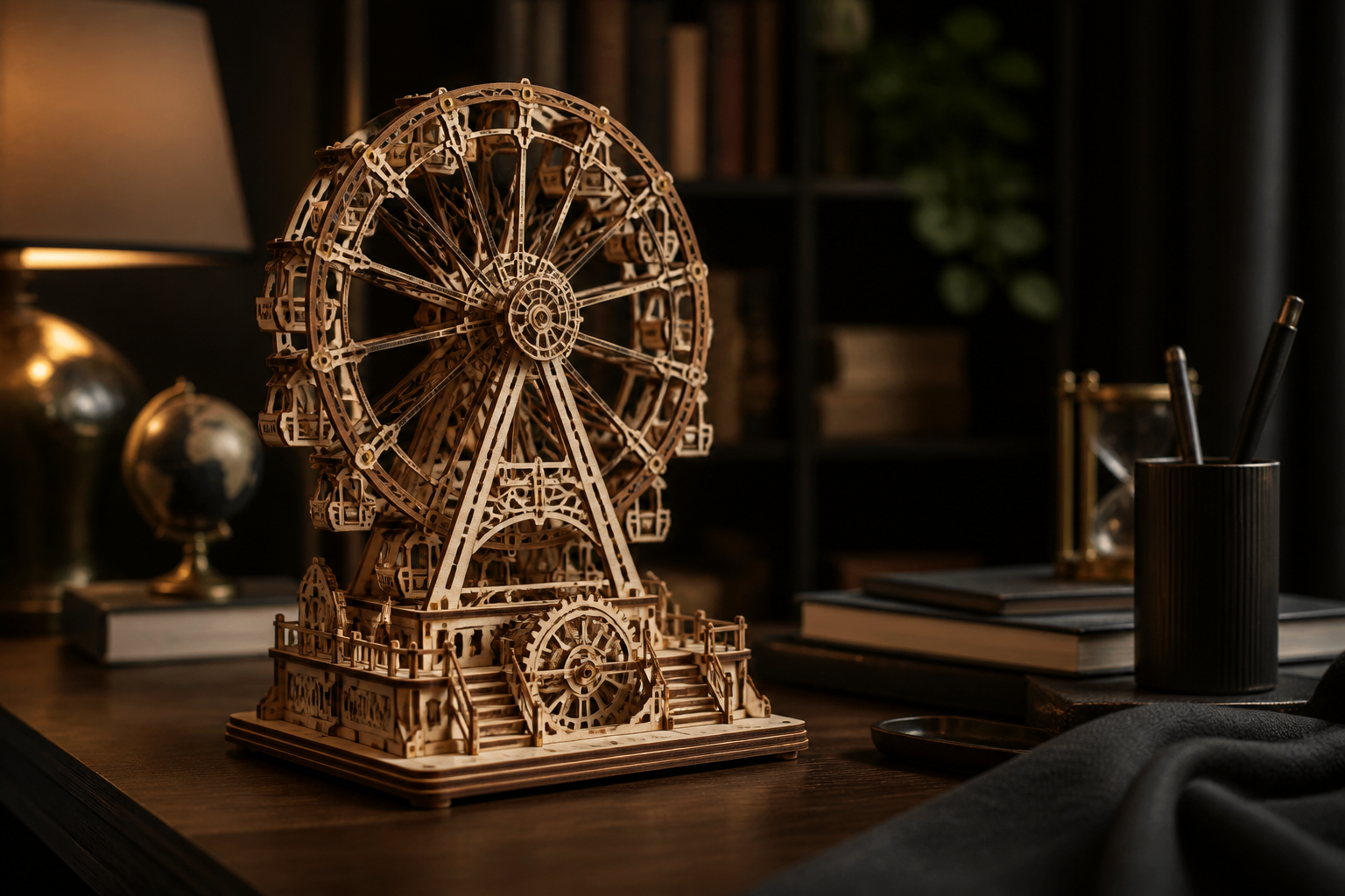 Completed wooden model on a warm desk